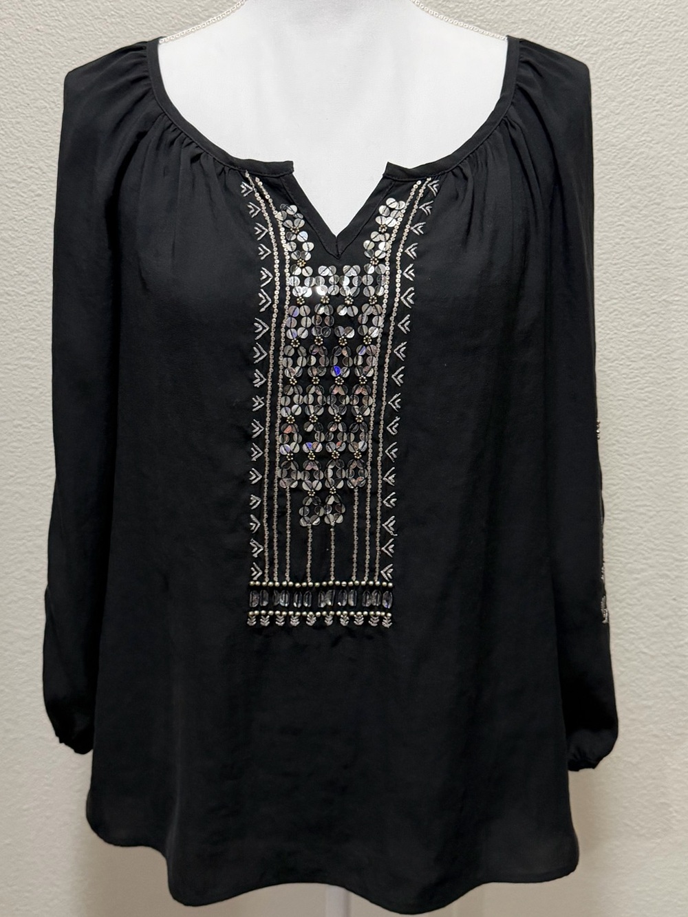 Nanette Lepore black blouse with gold, silver sequins and beading, embroidered